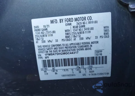 2021 Ford Explorer Xlt из США, поврежденный, VIN 1FMSK7DH2MGC44317